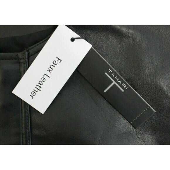 T Tahari Women Jacket Moto Fashion Snap Button Faux Leather Black Sz 10 - Picture 4 of 15